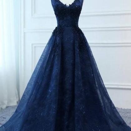V-neck Lace Long Prom Dresses With Appliques And..