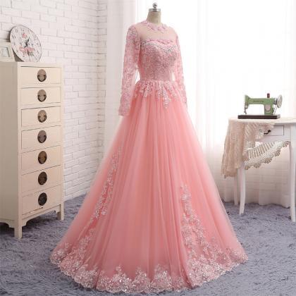 Evening Dresses Luxury O Neck Pink Tulle Appliques..