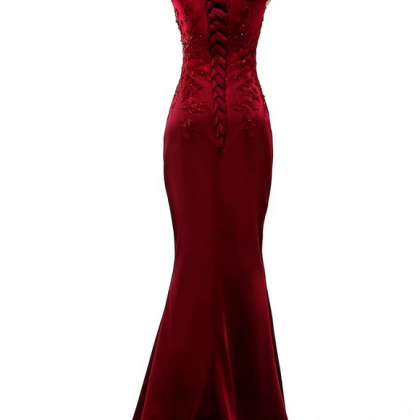 Red Off Shoulder Mermaid Satin Prom Dress, Floor..
