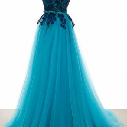 Backless Tulle Lace Blue Elegant Party Gowns, Prom..