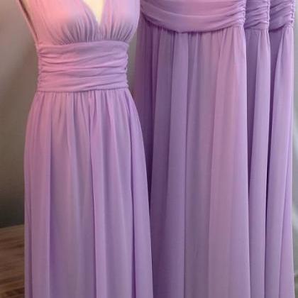 Long Chiffon Bridesmaid Dresses V-neckline, Purple..