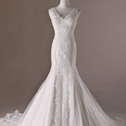 V-neck Sleeveless Lace Mermaid Wedding Dress,..