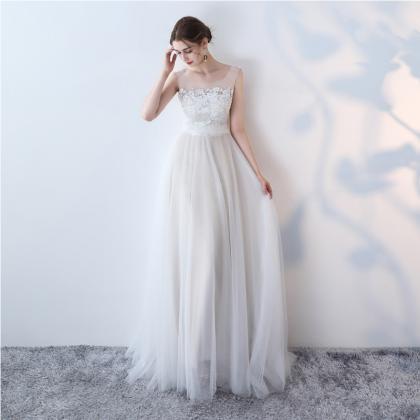 White Appliqued Prom Dress,sleeveless Tulle..