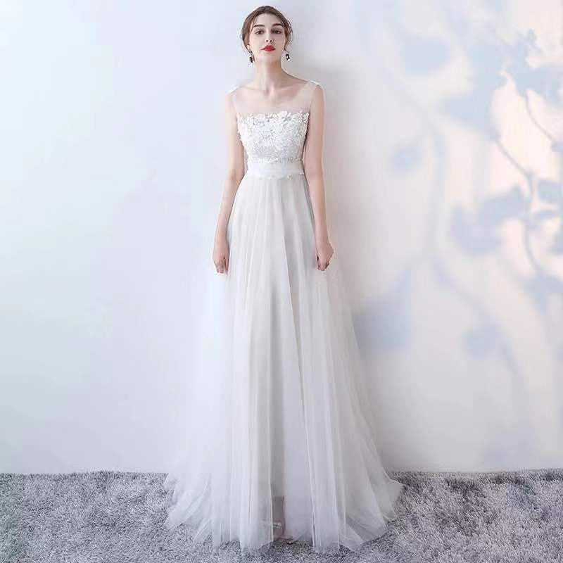 White Wedding Dress Round Neck Wedding Dress Tulle Wedding Dress Lace Applique Wedding Dress Backless Wedding Dress