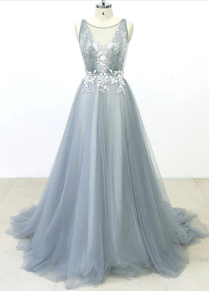 Prom Dresses,Simple Lace A-line Tulle Long Prom Dress with a Train