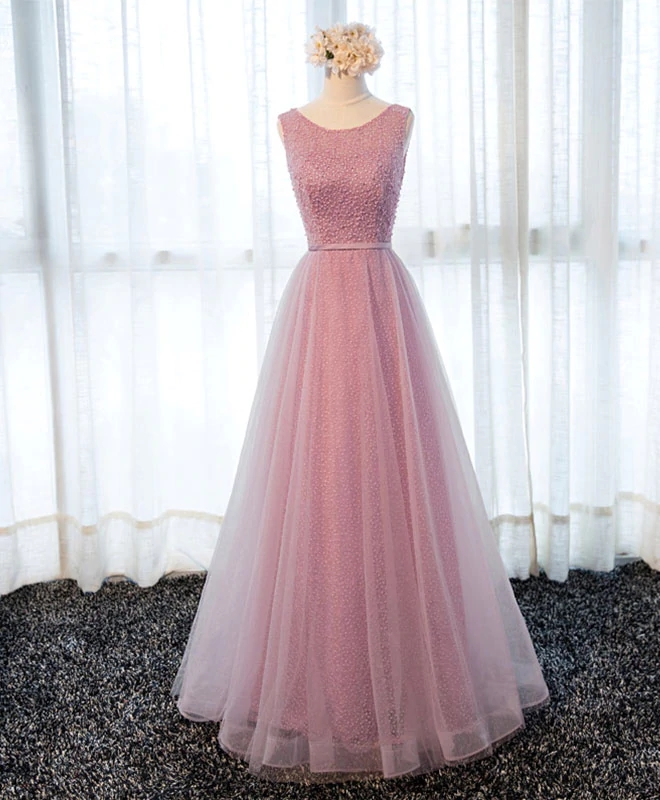 Prom Dresses,a Line Round Neck Tulle Long Prom Dress, Lace Evening Dress