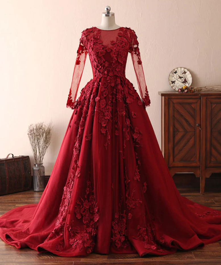 Prom Dresses,lace Red Satin Long Prom Dress, Lace Evening Dress