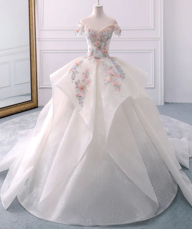 Off-the-shoulder Ivory Princess Long Prom Dress with Flower Appliques