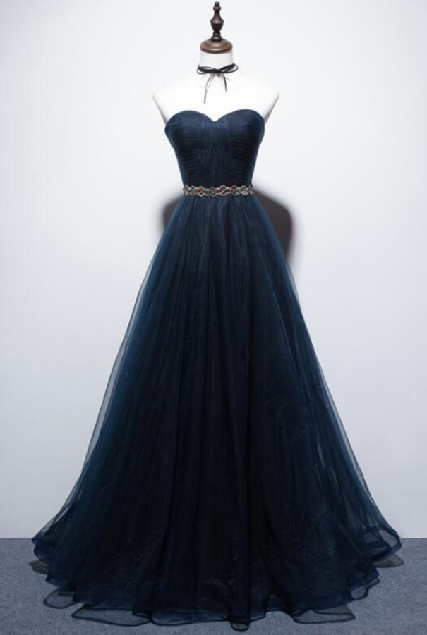 Beautiful Navy Blue Tulle Charming Formal Gown, Prom Dresses