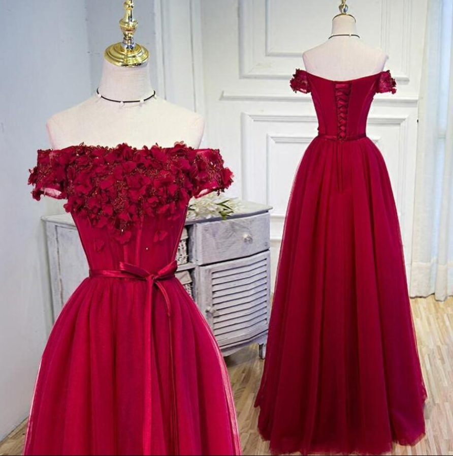 Off Shoulder Wine Red Floral Tulle Gowns, Formal Dresses With Lace-up, Prom Dresses