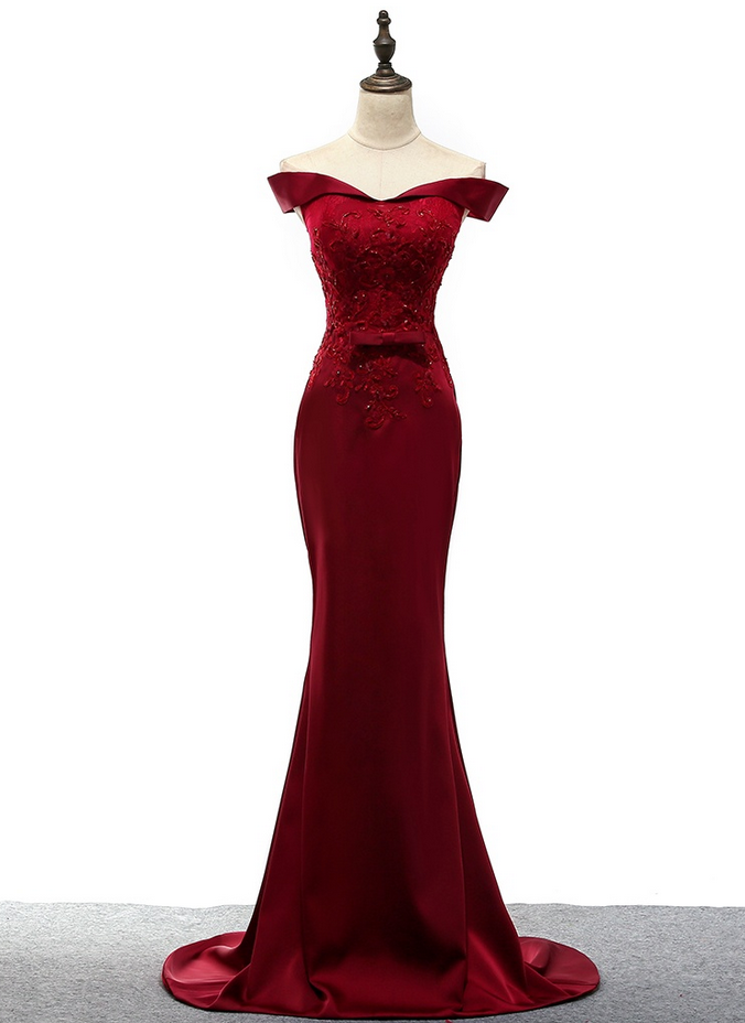 Red Off Shoulder Mermaid Satin Prom Dress, Floor Length Women Dress,prom Dresses
