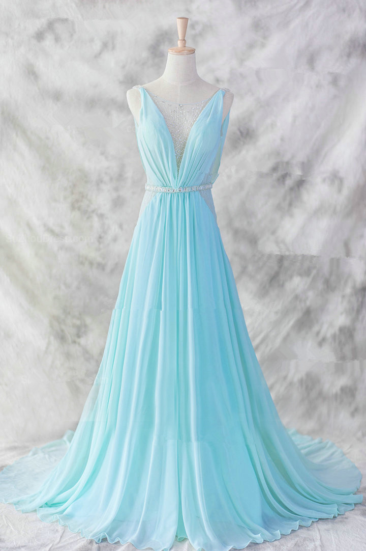 Pretty Baby Blue Chiffon Floor Length V-neckline Prom Gown 2022, Baby Blue Evening Dresses 2022, Blue Formal Dresses, Formal Dresses
