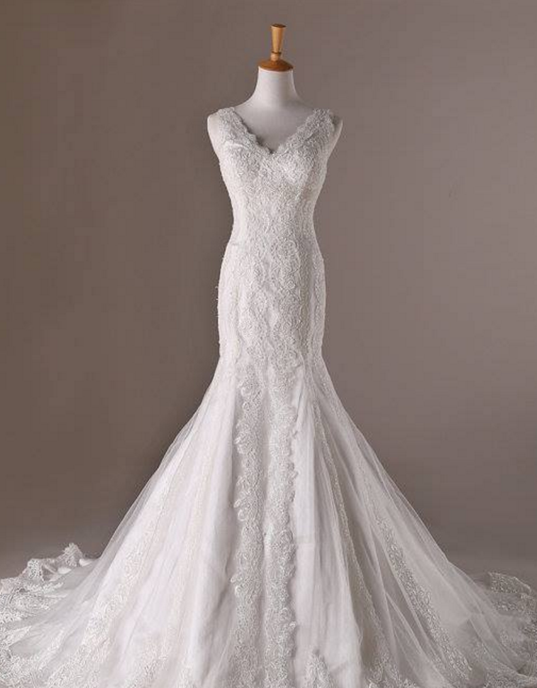 V-neck Sleeveless Lace Mermaid Wedding Dress, Bridal Gown