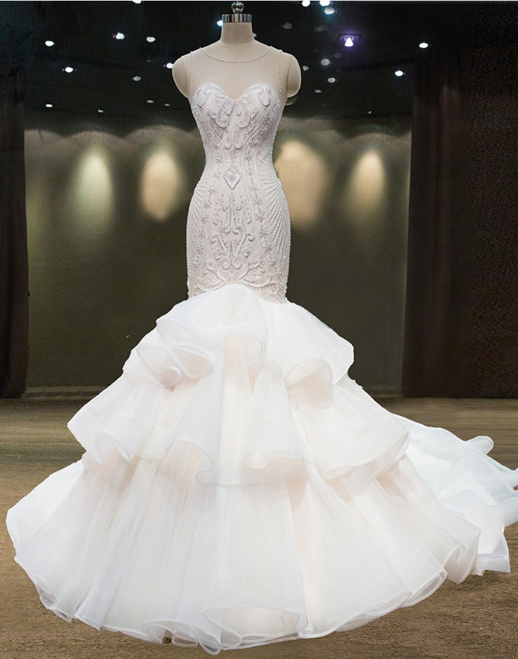 Sheer Sleeveless Beaded Mermaid Ruffle Wedding Dress Featuring Cutout And Lace-up Back