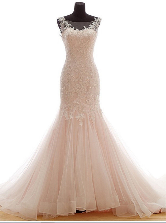 Trumpet Tulle Wedding Dress Embellished With Lace Applique And Beads With Sweetheart Illusion Neckline