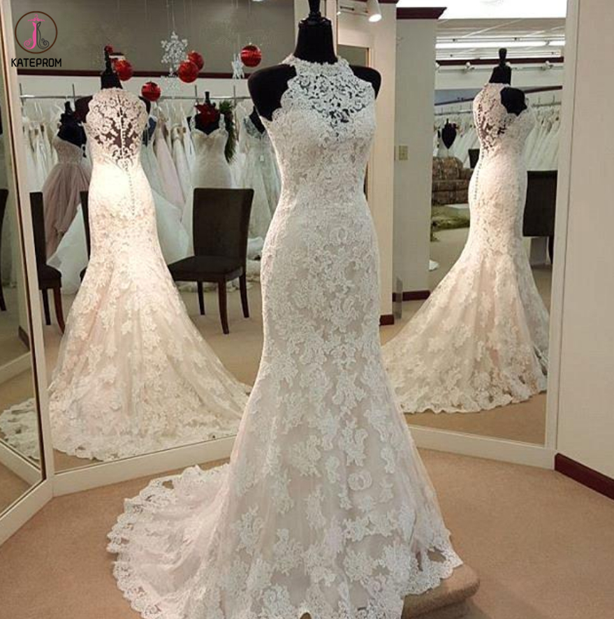 Wedding Dress,custom Wedding Dress,romantic Wedding Dress,mermaid Wedding Dress, Custom Charming White Lace Wedding Dress,halter Bridal