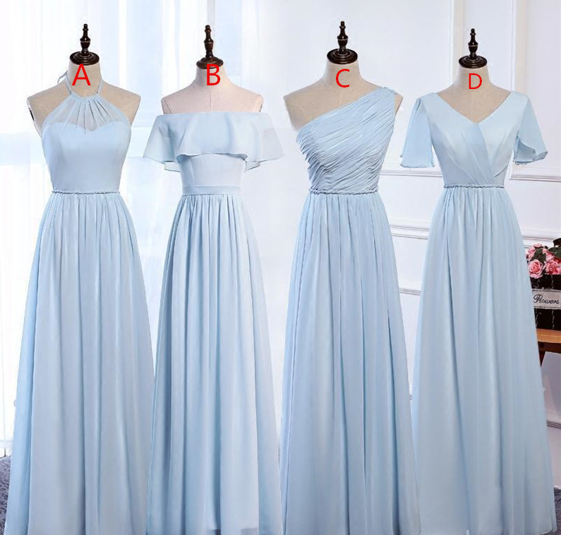 Baby Blue Long Bridesmaid Dress Plus Size A Line Chiffon Floor Length Formal Wedding Party Dress For Women Custom Made