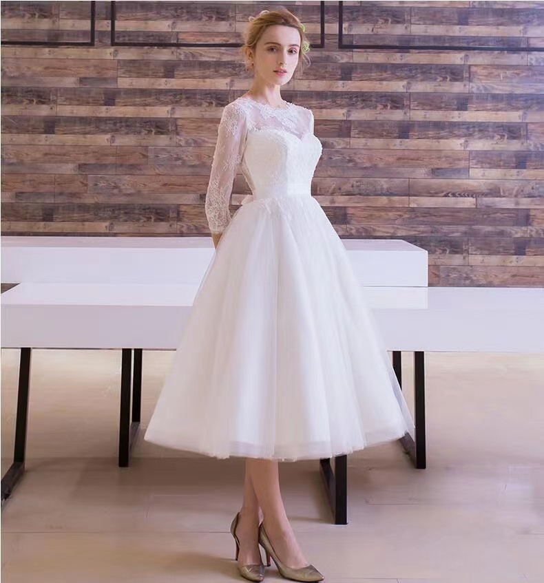 Long-sleeve Wedding Dress, White Bridesmaid Dress, Graduation Midi Dress,custom Made