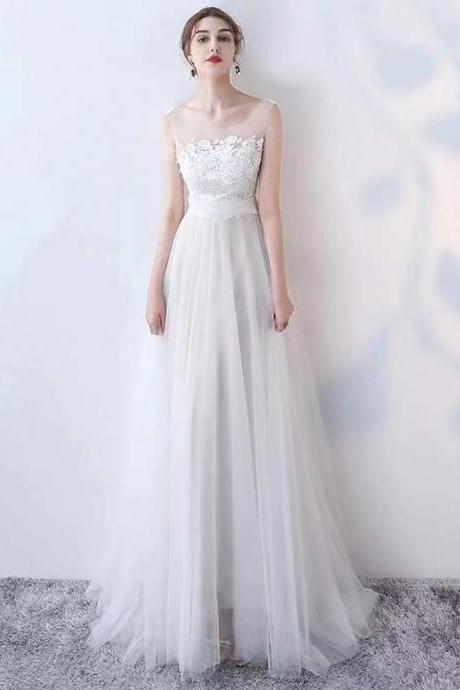 White Wedding Dress Round Neck Wedding Dress Tulle Wedding Dress Lace Applique Wedding Dress Backless Wedding Dress
