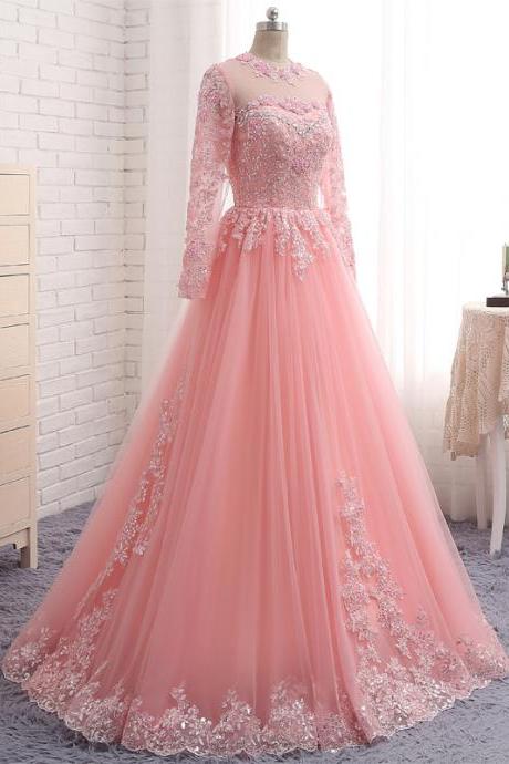 Evening Dresses Luxury O Neck Pink Tulle Appliques A Line Evening Gowns Long Sleeve Beaded Zipper Back Prom Dresses