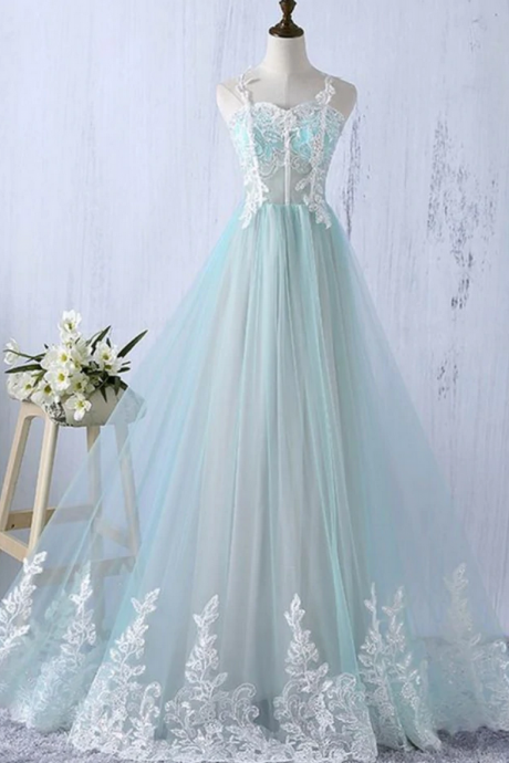 prom dresses,Sweetheart mint tulle long lace senior prom dress, party dress