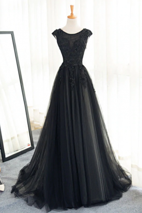 prom dresses,Black A line tulle lace long prom dress, evening dress