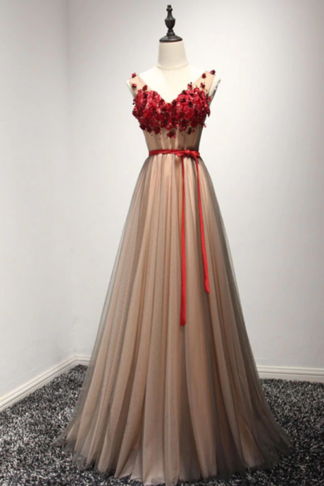 Prom Dresses,a Line V Neck Tulle Lace Long Prom Dress, Evening Dress