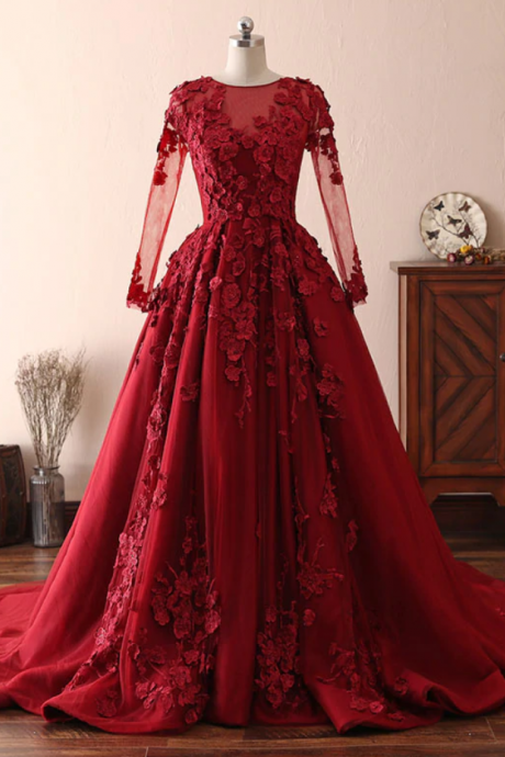 Prom Dresses,lace Red Satin Long Prom Dress, Lace Evening Dress