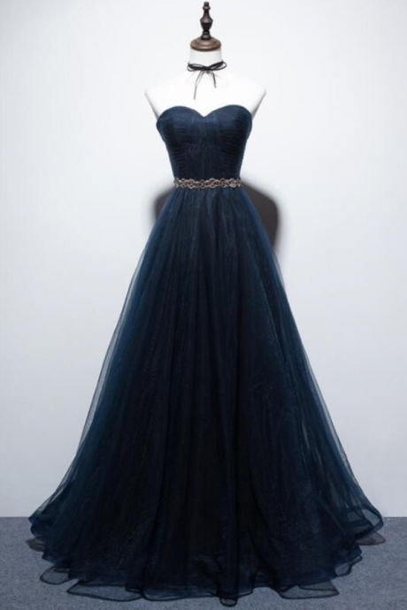 Beautiful Navy Blue Tulle Charming Formal Gown, Prom Dresses