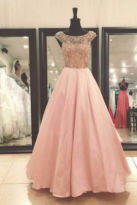 Prom Dresses, Round Neck Prom Dresses, Floor Length Prom Dresses, Beading Prom Dresses, A-line Prom Gowns, Satin Party Dresses, Long Evening