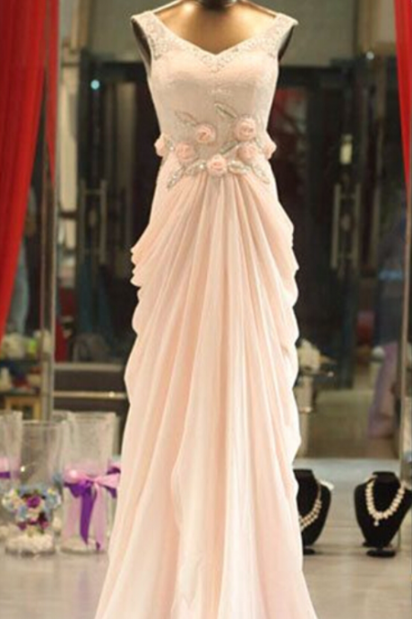 Charming Light Pink Chiffon Prom Gowns With Lace, Pink Prom Gowns, Prom Dresses, Formal Gowns, Evening Dresses