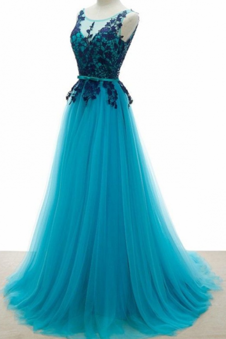 Backless Tulle Lace Blue Elegant Party Gowns, Prom Dresses