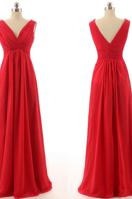 red bridesmaid dress,long bridesmaid dress,cheap bridesmaid dress,v-neck bridesmaid dress
