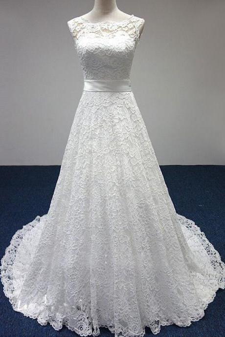 White/Ivory Lace Train Bridal Gown Lace Wedding Dress Custom Size