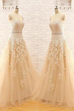New Arrival A Line Custom Made Sweetheart Strapless Elegant Tulle Lace Light Champagne Wedding Dress, Wedding Gown Bridal Dress ,Wedding Dresses, Charming A-Line Wedding Dress ,Ball Gown Wedding Dress