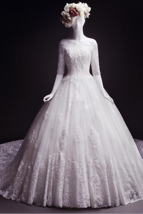 Latest Design Wedding Dress, Lace Wedding Dress, Half Sleeves Wedding Dress,ball Gown Wedding Dress,off-the-shoulder Bridal Dress,court Train