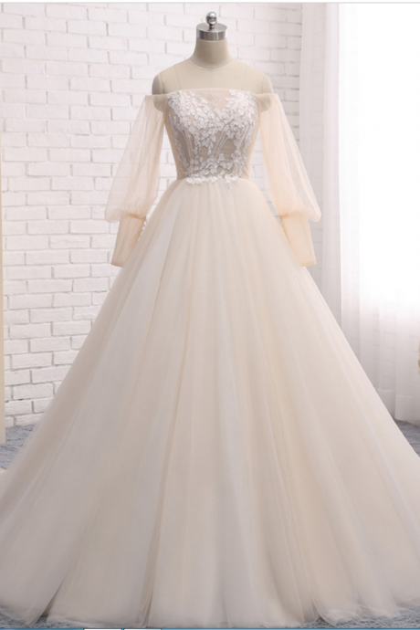 Long Wedding Dress, Long Sleeve Wedding Dress, Tulle Wedding Dress, Off Shoulder Bridal Dress, Charming Wedding Dress, Applique Bridal Dress,