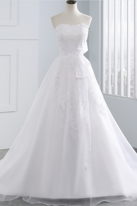Simply Gorgeous White Strapless Lace Applique A-line Long Wedding Dress Bridal Gown