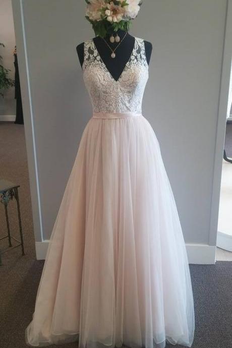 A-line Wedding Dresses,elegant Wedding Dresses,light Pink Wedding Dresses,v-neck Bridal Gowns,see Through Wedding Dresses
