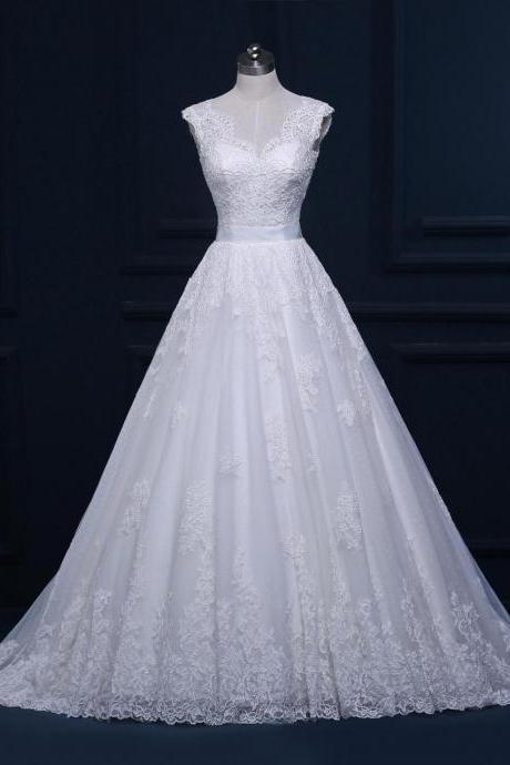 Lace Wedding Dress, 2016 Wedding Dresses, Wedding Ball Gown, Chapel Train Wedding Dress, Wedding Gown, V Neck Wedding Dress, White Wedding