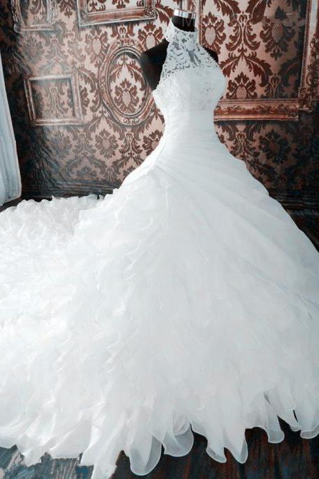 2022 Wedding Dress,luxury Wedding Dress,halter Wedding Dress,lace Wedding Dress,ruffles Organza Wedding Dress,long Tail Wedding Dress,lace-up