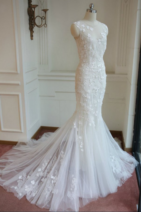 Wedding Dresses ,elegant Mermaid Lace Wedding Dress.sleeveless Applique Wedding Dress Plus Size,ivory Wedding Dress