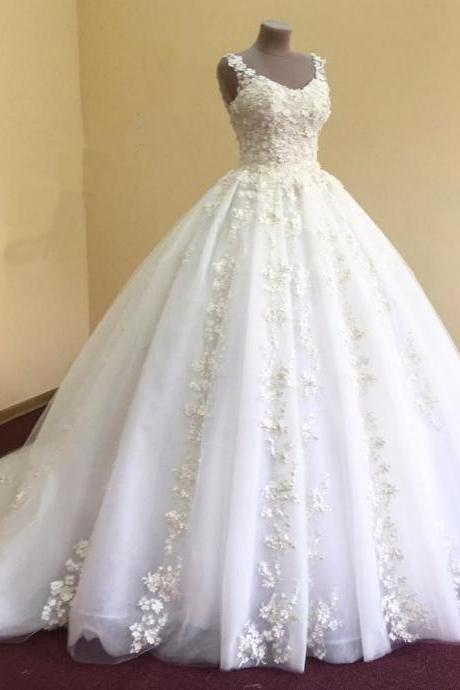 Wedding Dresses, Wedding Gown,elegant Lace Appliques V Neck White Organza Ball Gowns Wedding Dress