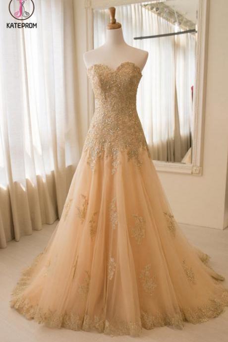 Strapless Champagne Wedding Dress,Appliques evening dresses,Tulle Wedding Dresses