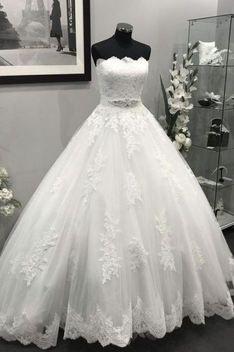 Romantic Wedding Dress,tulle Wedding Dresses,appliques Prom Dresses,strapless Prom Gown