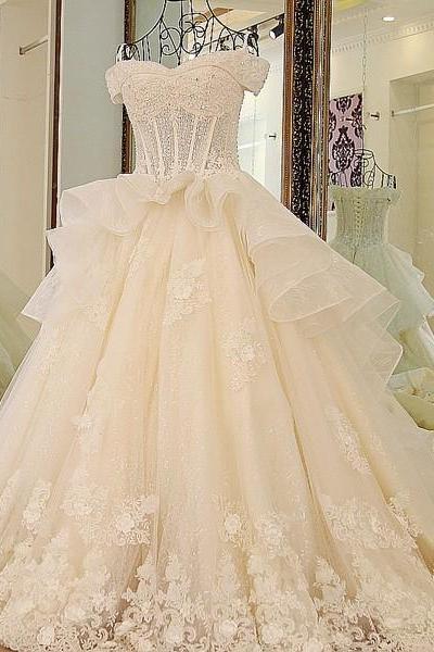 A-line Appliqued Off-the-shoulder Wedding Dresses, Shiny Sweep Train Dresses