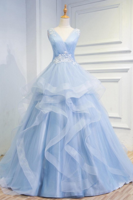 Wedding Dresses,fairy Tale Sky Blue Tulle V Neck Wedding Dresses,appliques Sleeveless