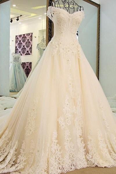 A-line Princess Off-the-shoulder Wedding Dresses, Gorgeous Appliqued Wedding Dresses