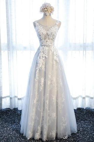 A-line Princess Scoop Neck Appliqued Wedding Dresses, Floor Length Wedding Dresses
