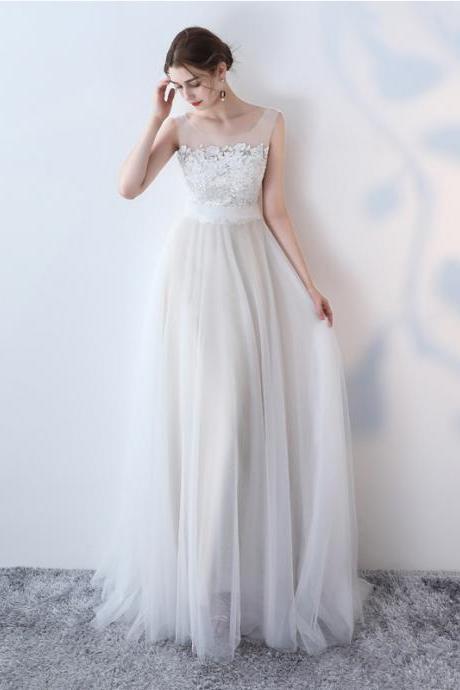 White appliqued prom dress,sleeveless tulle bridesmaid dress